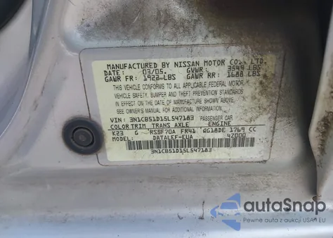 2005 Nissan Sentra 1.8S z USA, uszkodzony, nr VIN 3N1CB51D15L547183